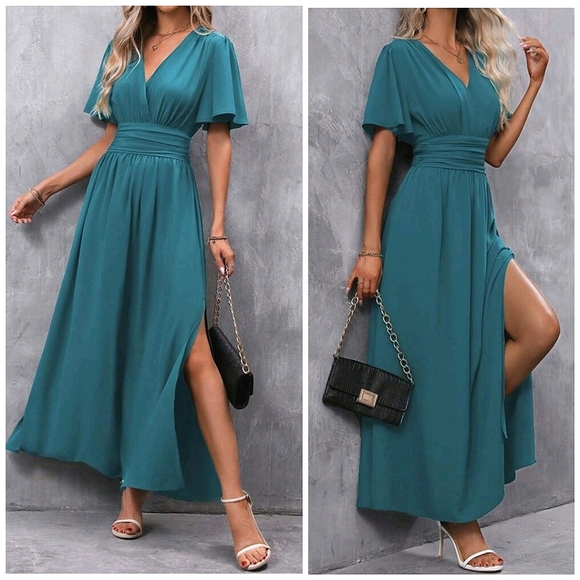 NEW Chic Ruched Waist Flutter Sleeve Maxi Dress Teal Green Blue - Picture 1 of 9